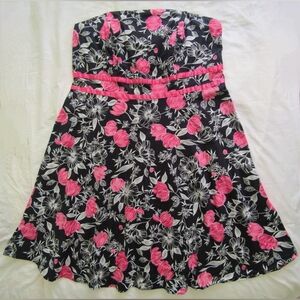 Vintage Y2K XL XXL Strapless Babydoll Pink Black Floral Knee Length Cotton Dress